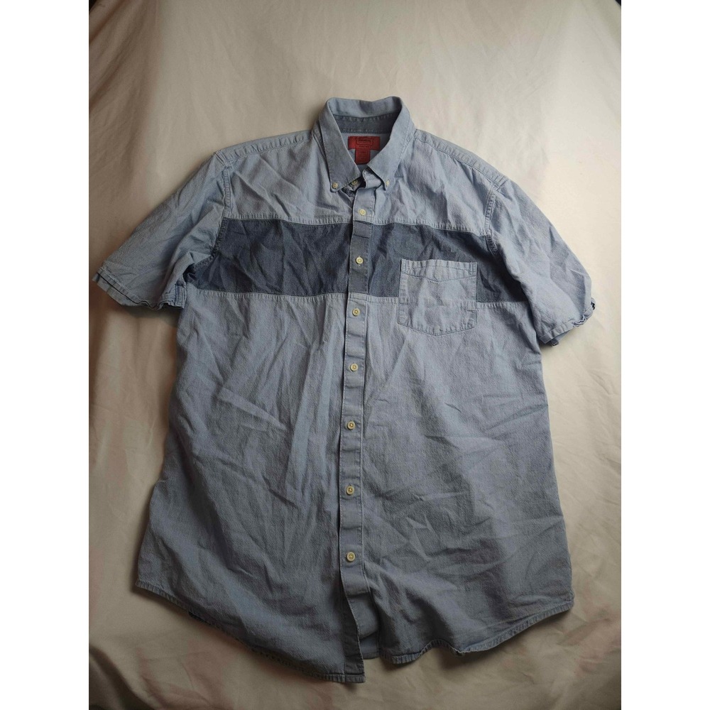 The Foundry Supply Co Mens XLT Blue Colorblock Chambray Short Sleeve Button Down